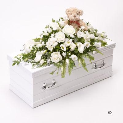 Childrens Casket Spray with Teddy Bear   White